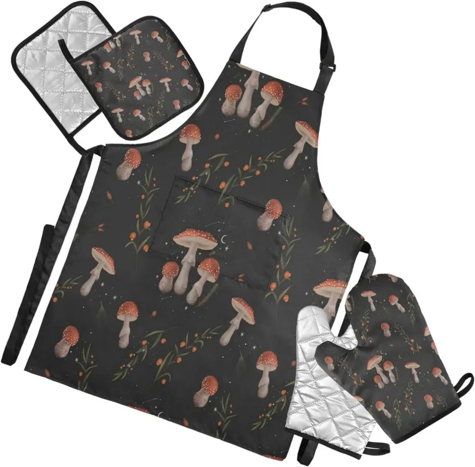 Prime Bestwell Mushroom Plants Kitchen Apron Sets,1 Waterproof Apron with Pockets 2 Oven Mitts & 2 Pot Holders Kitchen Accessories Set Adjustable Strap for Kitchen Cooking
