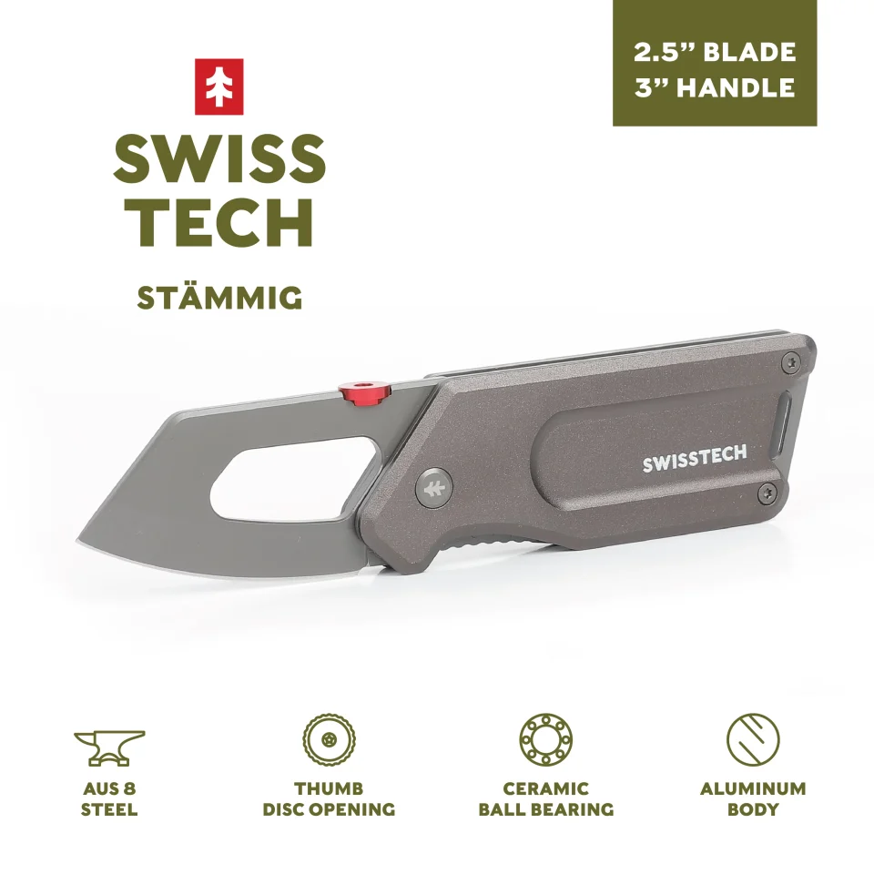 Cast Iron Swiss Tech 6.5 Ball Bearing Assisted Folding Pocket Knife, AUS-8 Steel 2.5 Blade, 3 Aluminum Handle with Money Clip, Gray