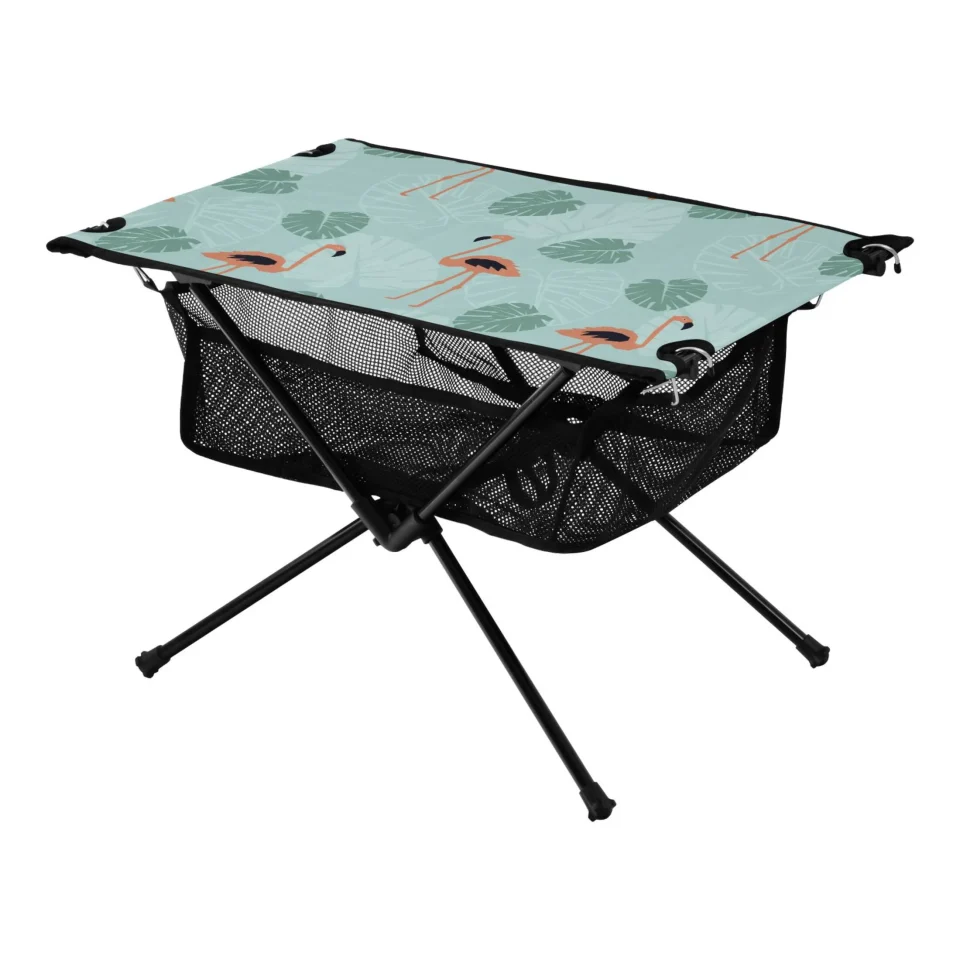 Eco-Friendly Long-Lasting Flamingo and Tropical Leaves Camping Foldable Portable Table Beach Table with Storage Bag Compact Picnic Table for Outdoor Hiking Fishing BBQ
