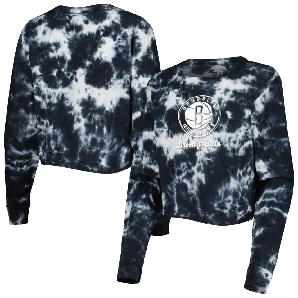 Lightweight Women's New Era Black Brooklyn Nets Tie Dye Cropped Long Sleeve T-Shirt