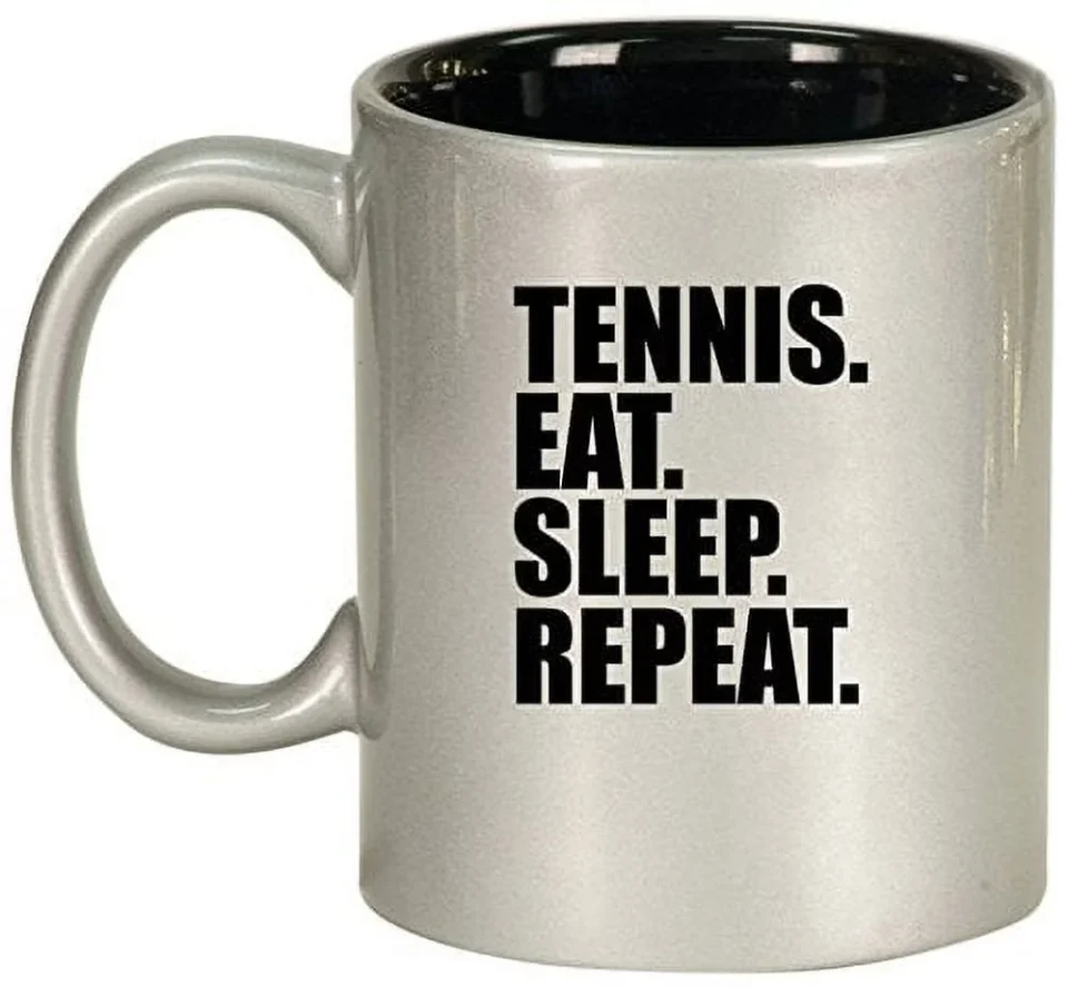 Cast Iron Popular Ceramic Coffee Tea Mug Cup Tennis Eat Sleep Repeat (Silver)
