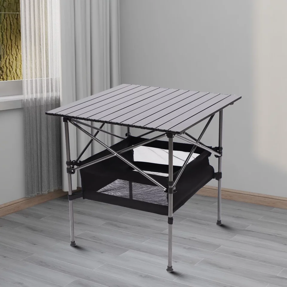 Safe Cast Iron Lightweight and Portable Square Folding Table with Carrying Bag, Roll-up Table Top and Aluminum Frame for Outdoor, Black