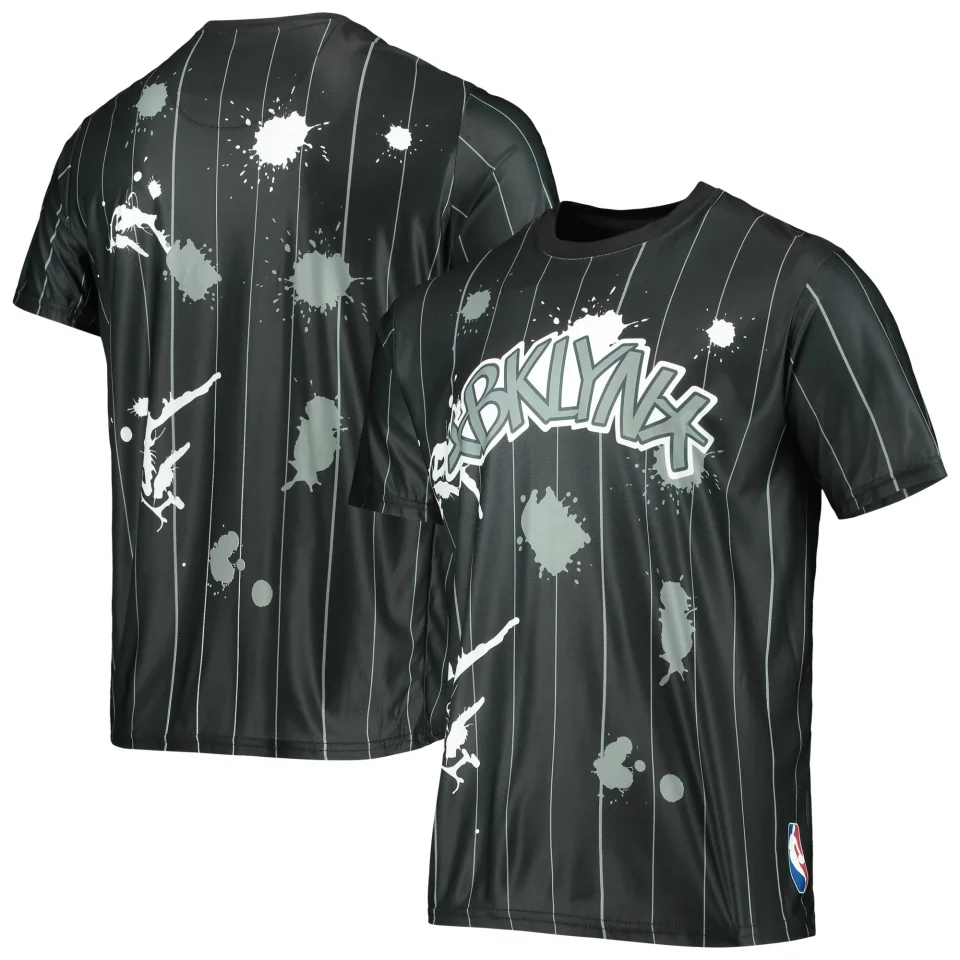 Stainless Steel Travel Men's FISLL Black Brooklyn Nets Striped Splatter T-Shirt