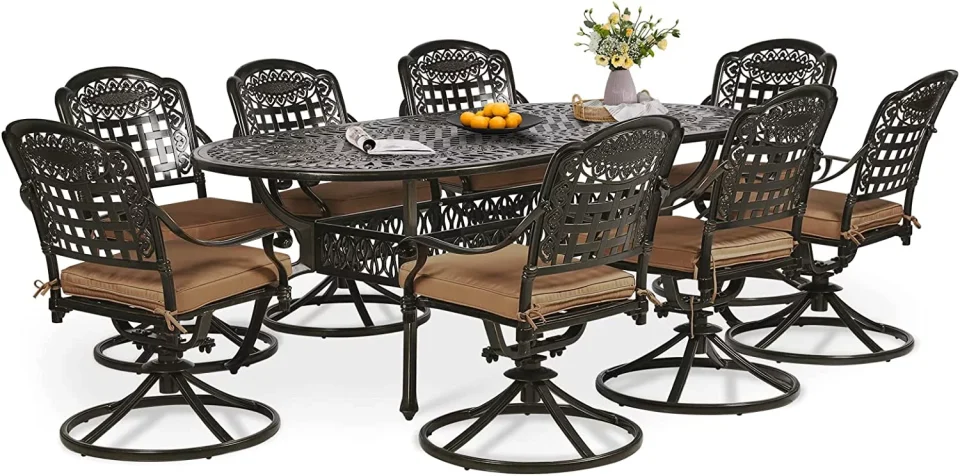 Travel Leak-Proof W WARMHOL 9-Piece Patio Dining Set, Outdoor Patio Set of 83.8 Oval Cast Aluminum Dining Table with Umbrella Hole, 8 Patio Dining Swivel Chairs Padded, Patio Funiture Set for Lawn Garden