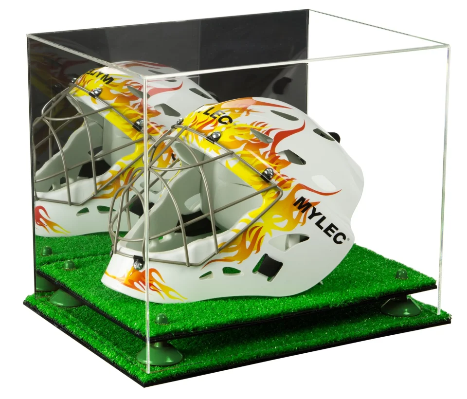 Cooking Acrylic Lacrosse Helmet Display Case with Mirror, Green Risers and Turf Base (A002-GRR)