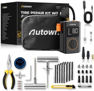 Outdoor AUTOWN Flat Tire Repair Kit with Air Compressor 54 Pieces for Car. Motorcycle. ATV. Jeep. Truck. Tractor Flat Tire Repair (54PCS)