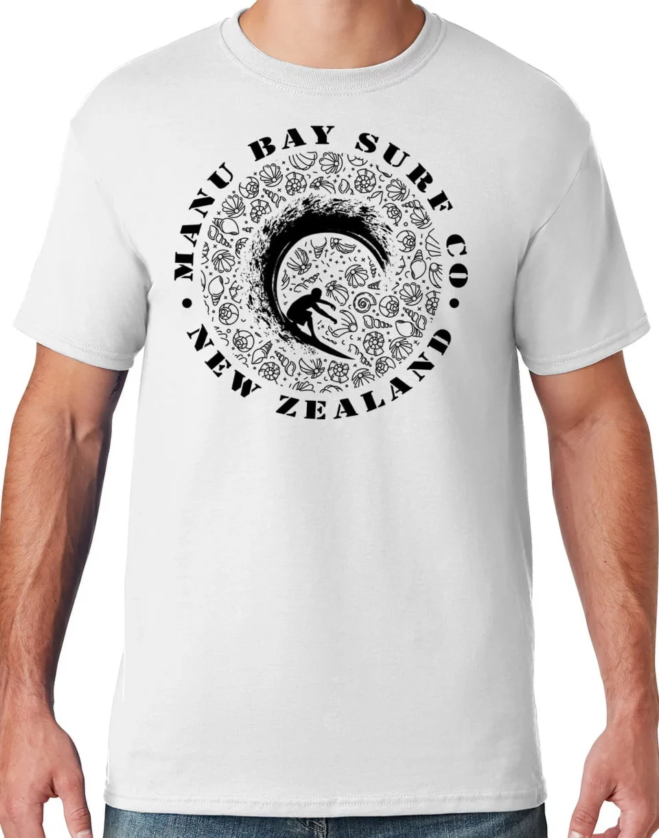 Cooking Mens Manu Bay Surf Company BLACK BARREL SURFER T-shirt, Medium White