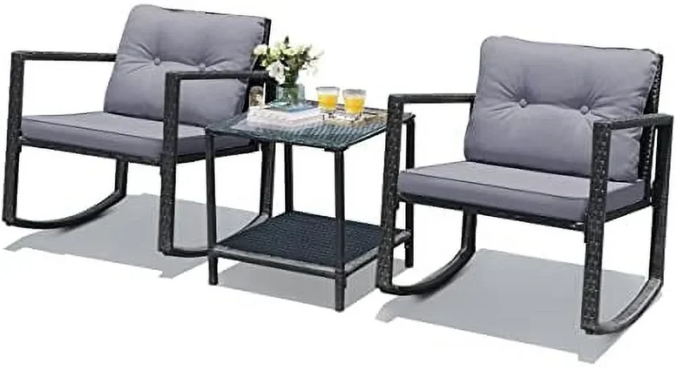 Stainless Steel Portable xrboomlife 3 Pieces Rocking Bistro Set Outdoor Patio Rocking Chairs with Coffee Table Rattan Wicker Conversation Set for Garden Lawn Backyard Balcony