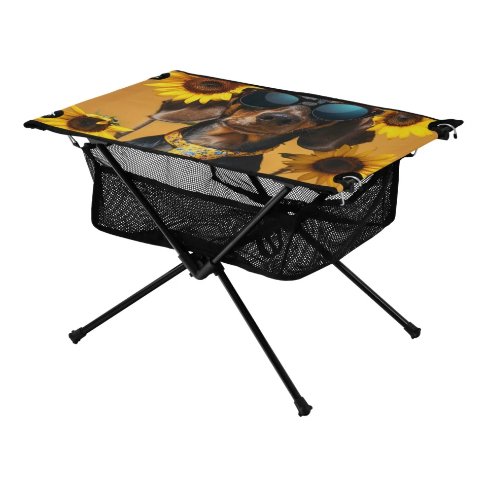 Healthy Dog with Sunflowers Camping Folding Table Portable Beach Table with Storage Bag Compact Picnic Table for Outdoor Travel Fishing BBQ