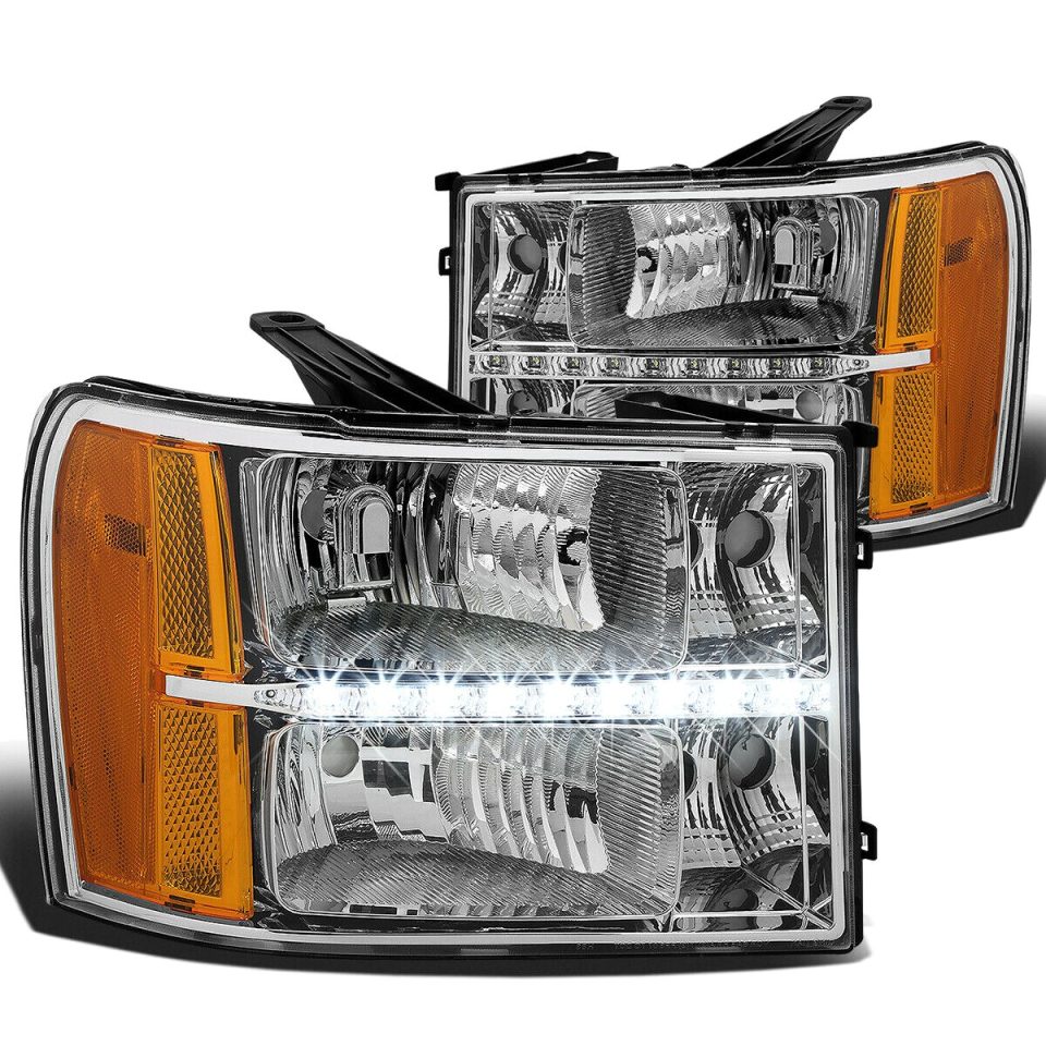 Durable LED DRL 2007-2014 GMC Sierra Chrome Housing Amber Side Headlight/Lamp Set