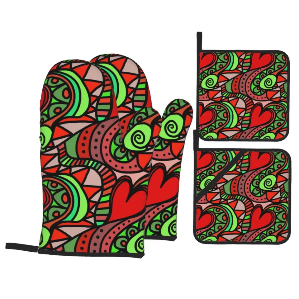 Pure Eco-Friendly YFYANG Oven Mitts and Pot Holders Sets 4 Pieces, Non-Slip Heat Resistant Red Vintage Painted Abstract Pattern Kitchen Glove Pot Mat for Cooking and Baking
