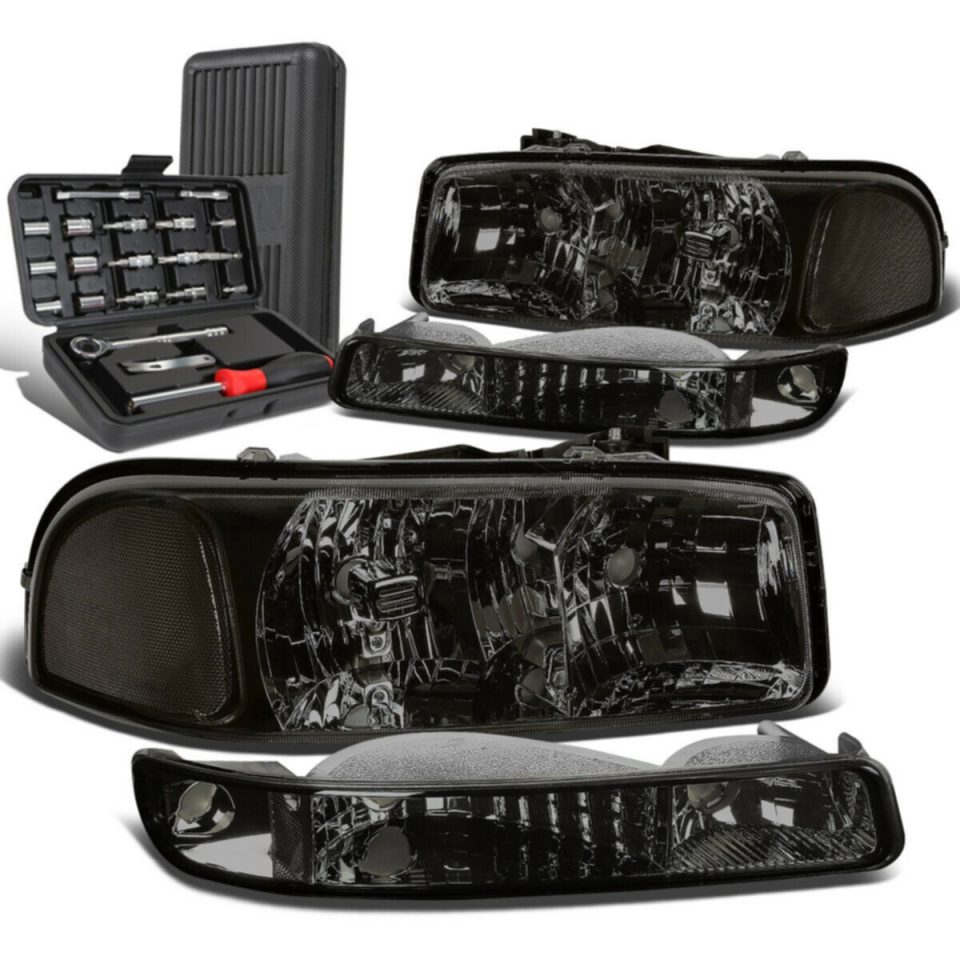 Glass Baking 1999-2007 GMC Sierra Smoked Clear Signal Headlights+Bum