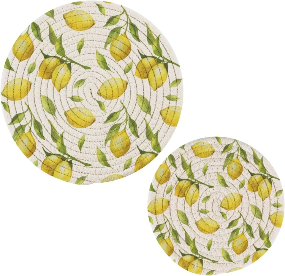 Glass Hotbar Watercolor Lemons Cotton Pot Holder Set of 2, Pure Cotton Heat Resistant Wear-Resistant and Non-Slip Stylish Round Pot Holder for Daily Kitchen,Dining Table,Office,Cafe, Restaurant,BBQ