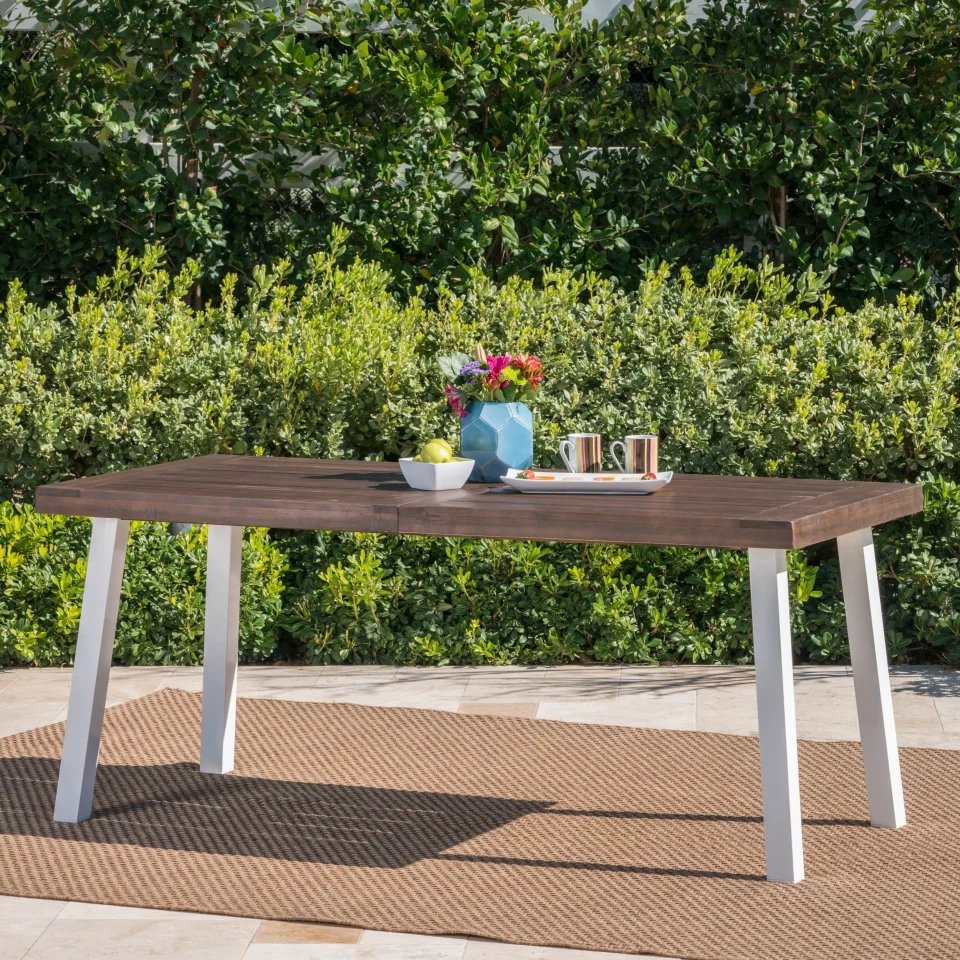 Clear Elaina Outdoor Acacia Wood Dining Table with Metal Legs, Dark Brown, White Rustic Metal
