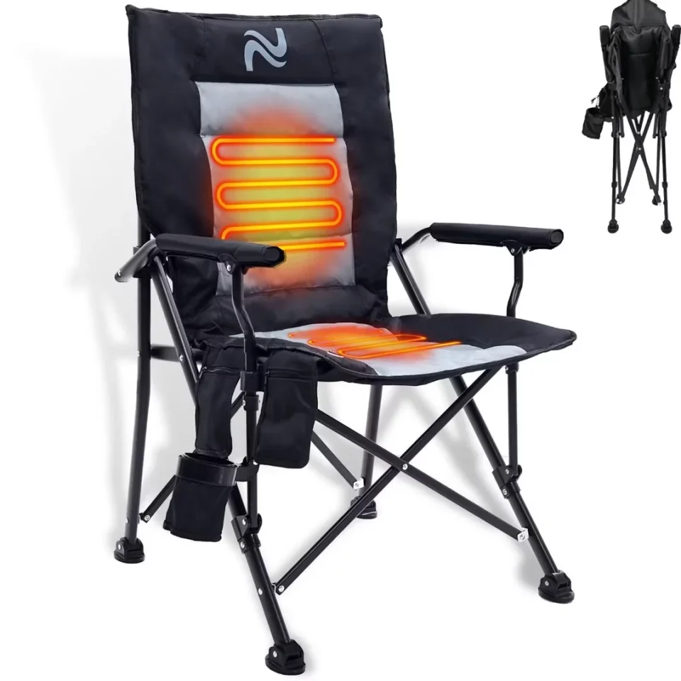 Glass Docred Heated Camping Chair, Portable Heated Folding Chair ,Extra Wide&Thick Padding with Cup Holder, Storage Bag,for Outdoor Sports