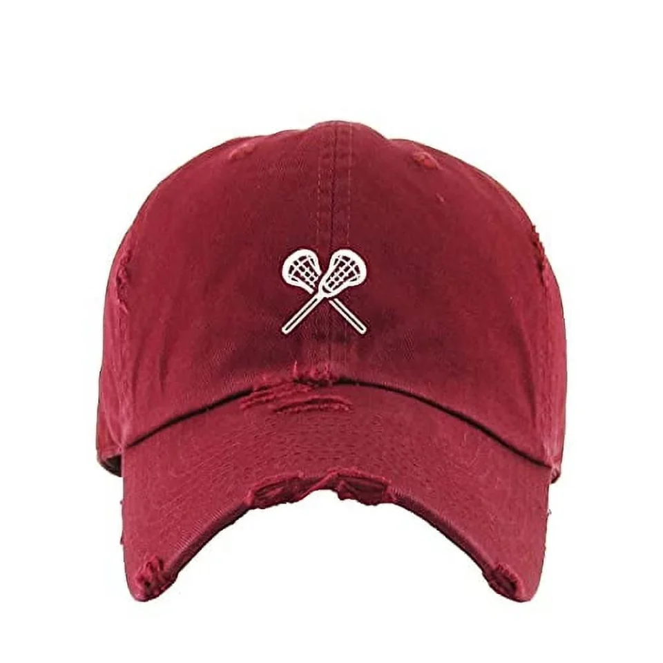 Portable Lacrosse Vintage Baseball Cap Embroidered Cotton Adjustable Distressed Dad Hat Maroon