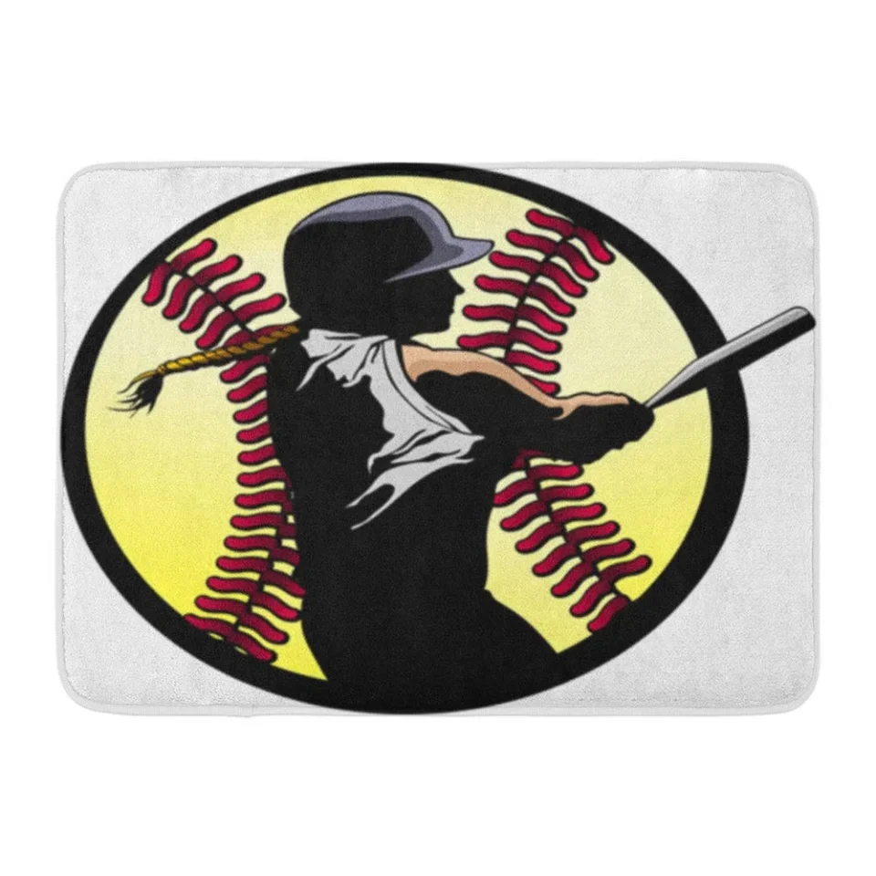 Essential Popular KDAGR Girl Softball Batter Hitting Home Run Silhouetted in Fast Pitch Baseball Doormat Floor Rug Bath Mat 30x18 inch