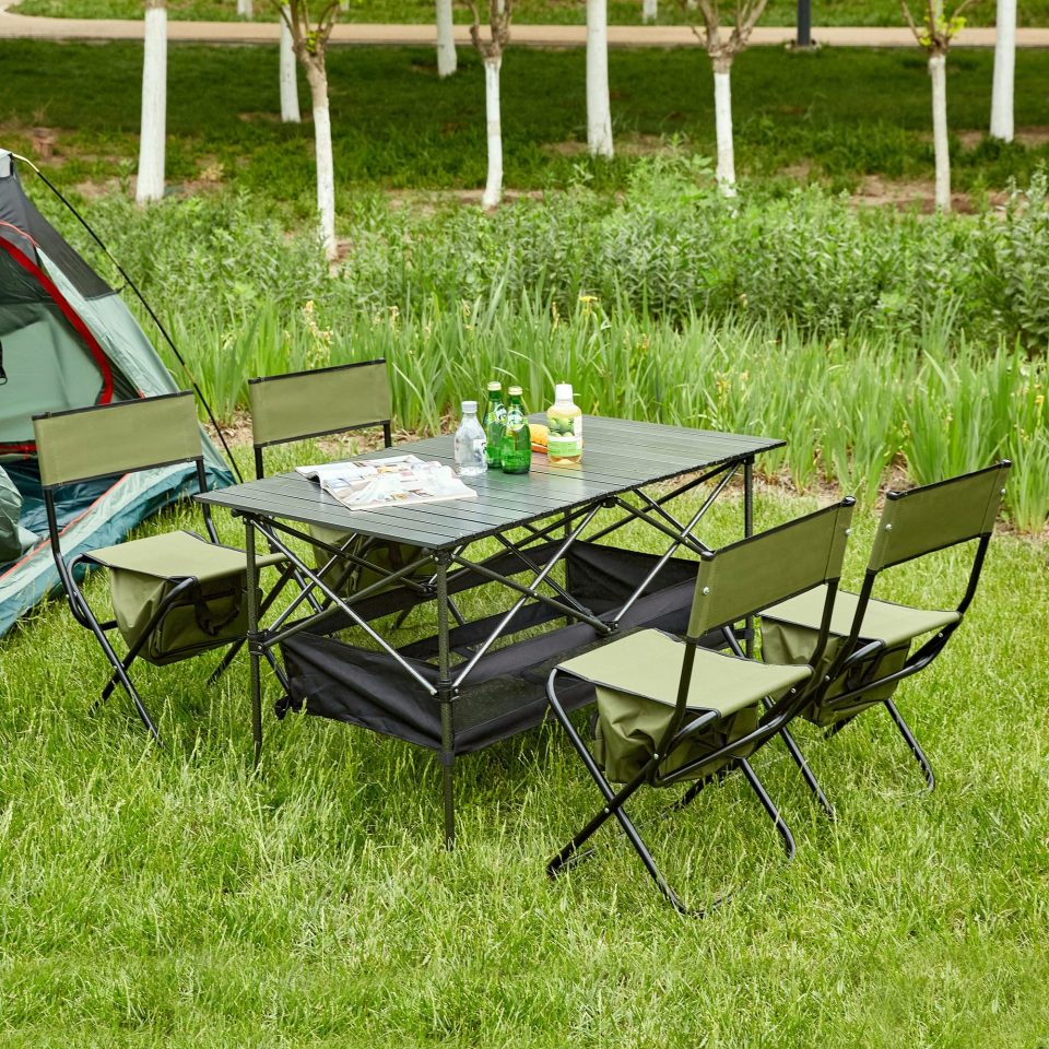 Clear Set of 5, Folding Outdoor Table and Chairs Set for Indoor, Outdoor Camping, Picnics, Beach,Backyard, BBQ, Party, Patio, Black/Green