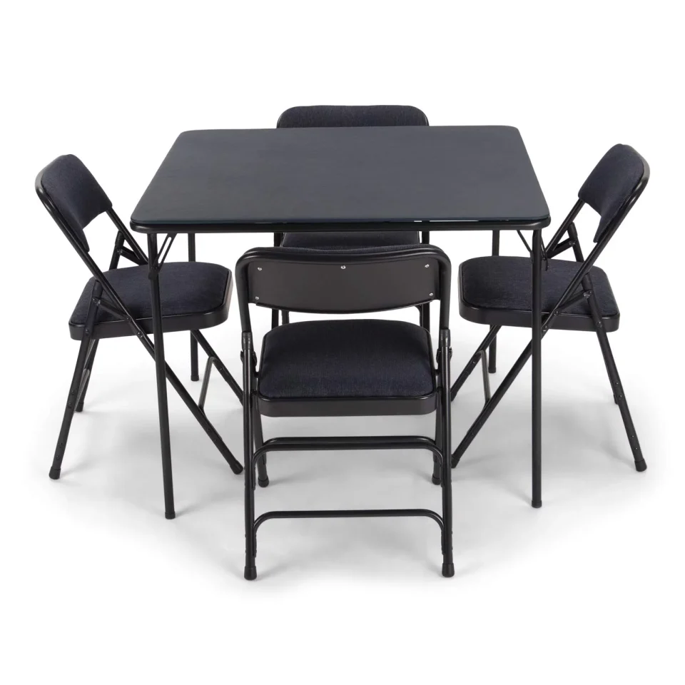 Thickened EventStable Titan Series Folding Card Table and Metal Folding Chair Set - 5 Pieces (Navy Blue Fabric)