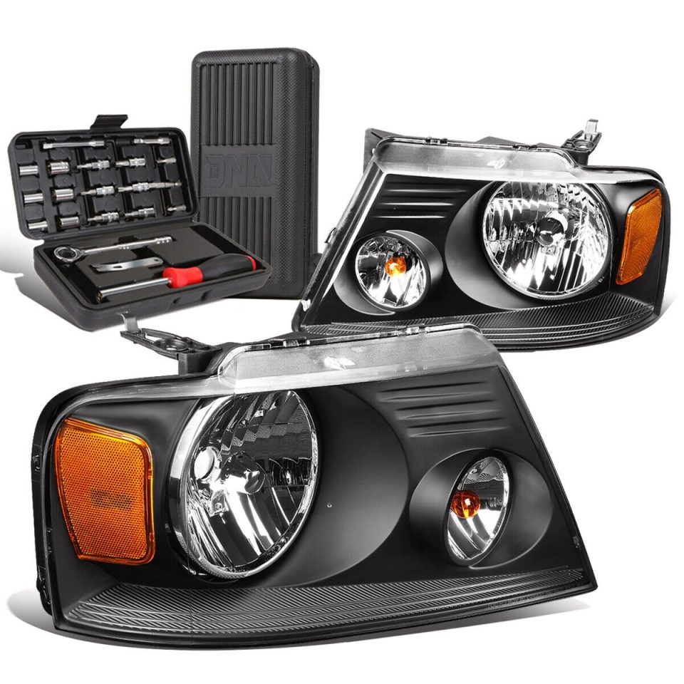 Matte Versatile 2004-2008 d F150 Pickup Pair Black/Amber Signal Headlight Lamps+Tool Box