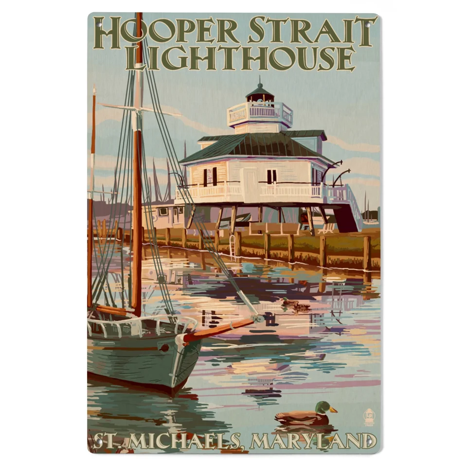 Baking St. Michaels, Maryland, Hooper Strait Lighthouse (Colorized) Birch Wood Wall Sign (6x9 Rustic Home Decor, Ready to Hang Art)