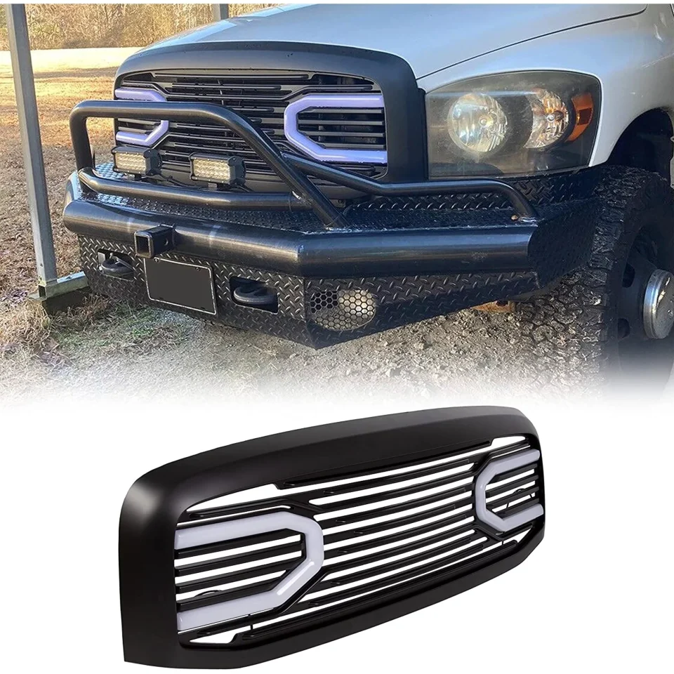 Supreme Long-Lasting Kojem Black W/Light Front Hood Big Horn Grille Replacement Shell Grill Compatible with 2006-2009 Dodge RAM 1500 2500 3500